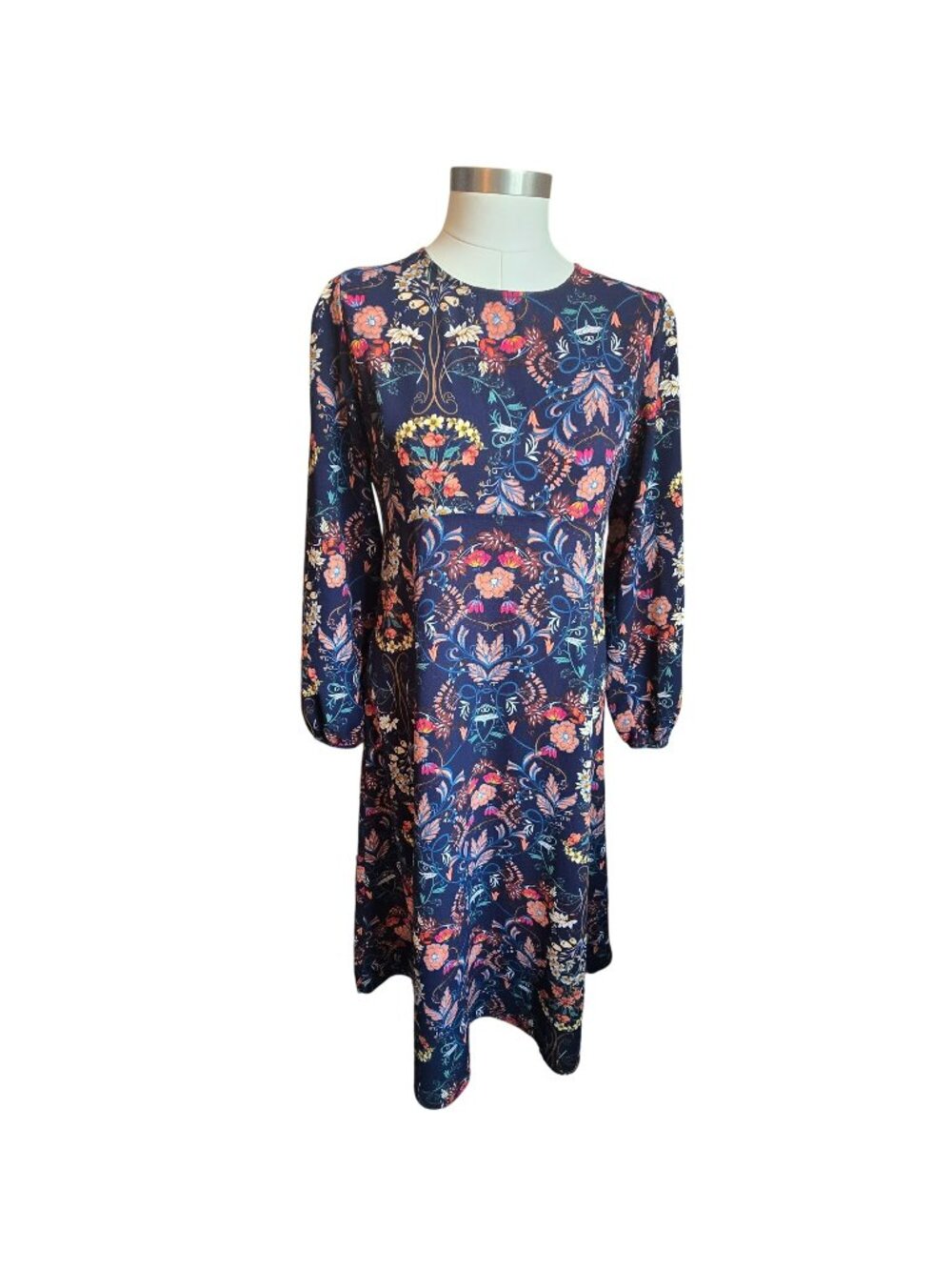 Blue Floral Dress Long Sleeve Navy & Multicolor Maxi Size L I. Madeline jj3739
